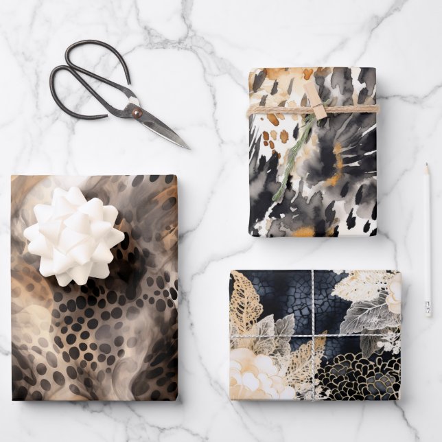 Black Cream Leopard Animal Floral Bridal Shower Wrapping Paper Sheet (Front)