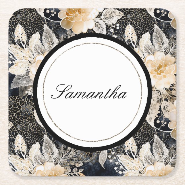 Black Cream Leopard Animal Floral   Square Paper Coaster (Front)