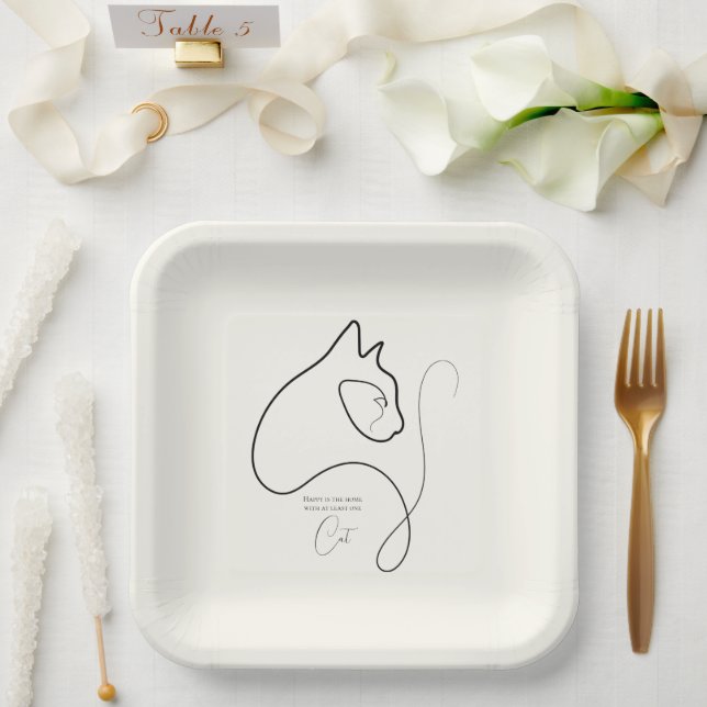 Black & Cream Minimalist Cat  Paper Plate (Wedding)