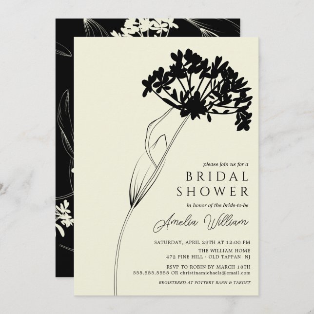 Black & Cream Modern Floral Bridal Shower Invitati Invitation (Front/Back)