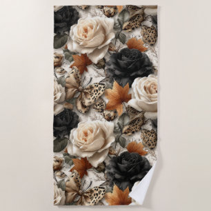 Black Cream Orange Leopard Floral Beach Towel