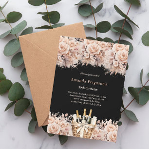 Black cream roses florals boho birthday invitation