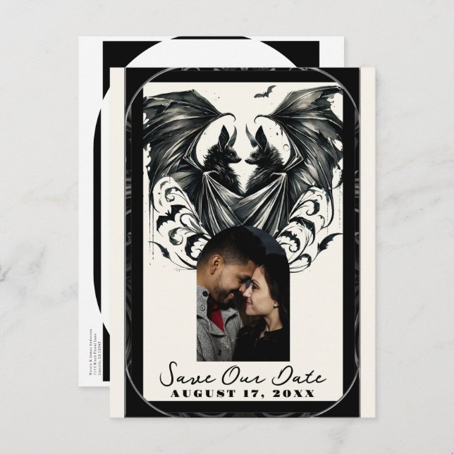 Black Cream Silver Gothic Love Bats Save the Date Announcement Postcard (Front/Back)