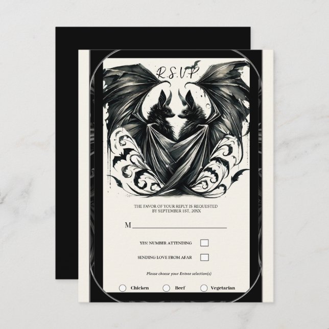 Black Cream Silver Gothic Love Bats Wedding Invitation (Front/Back)