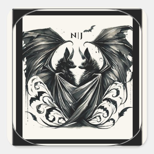 Black Cream Silver Gothic Love Bats Wedding Square Sticker (Front)