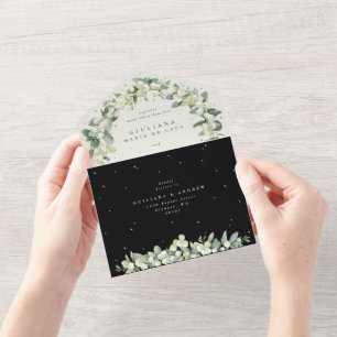 Black/Cream Snowberry + Eucalyptus Wedding All In One Invitation