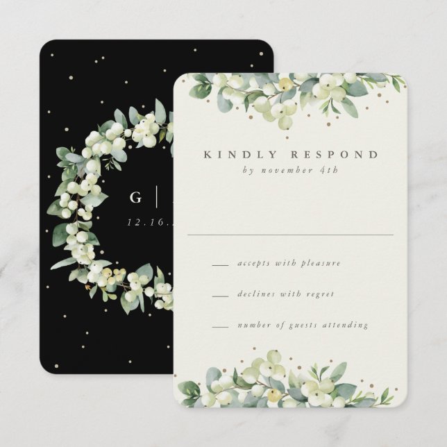 Black/Cream Snowberry+Eucalyptus Wedding RSVP Card (Front/Back)