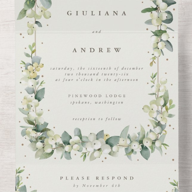 Black/Cream Snowberry+Eucalyptus Winter Wedding All In One Invitation (Inside Middle)