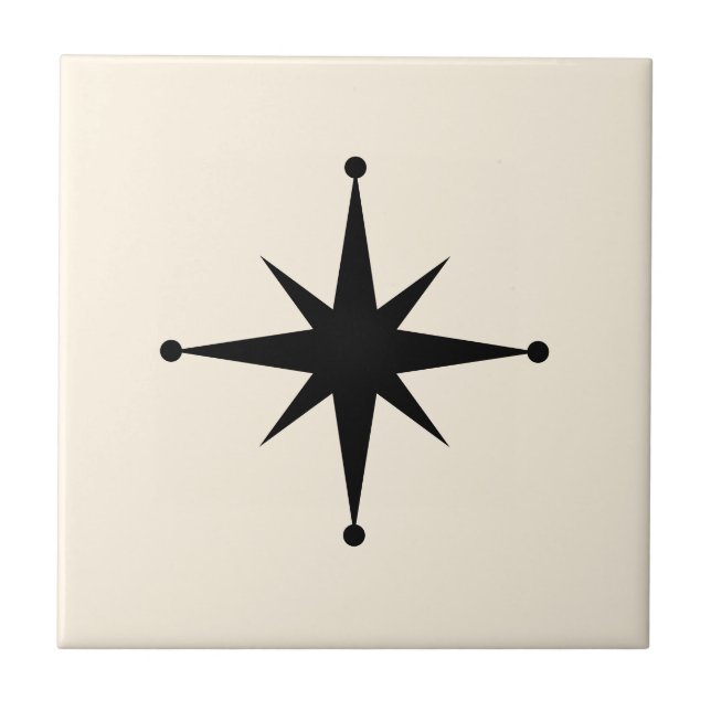 black cream Starburst Mid Century Modern Retro Tile (Front)