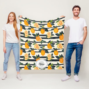 Black Cream Striped Citrus Fruit Botanical Fleece Blanket