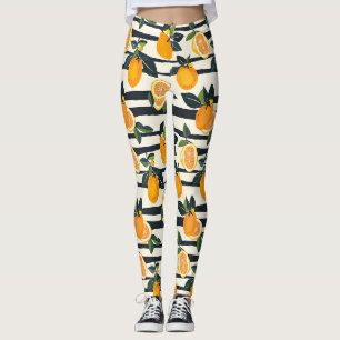Black Cream Striped Citrus Fruit Botanical Leggings