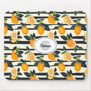 Black Cream Striped Citrus Fruit Botanical Mouse Pad