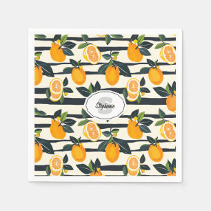 Black Cream Striped Citrus Fruit Botanical Napkin