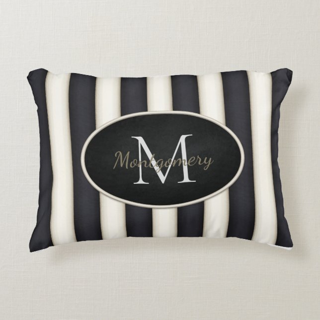 Black & Cream Stripes Oval Framed Monogram Decorative Cushion (Front)