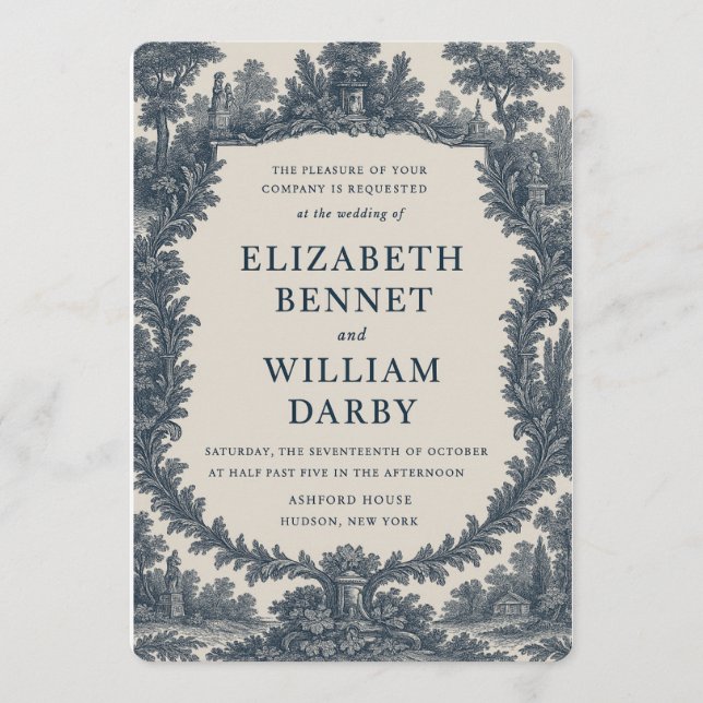 Black & Cream Toile Wedding Invitation – Old World (Front)
