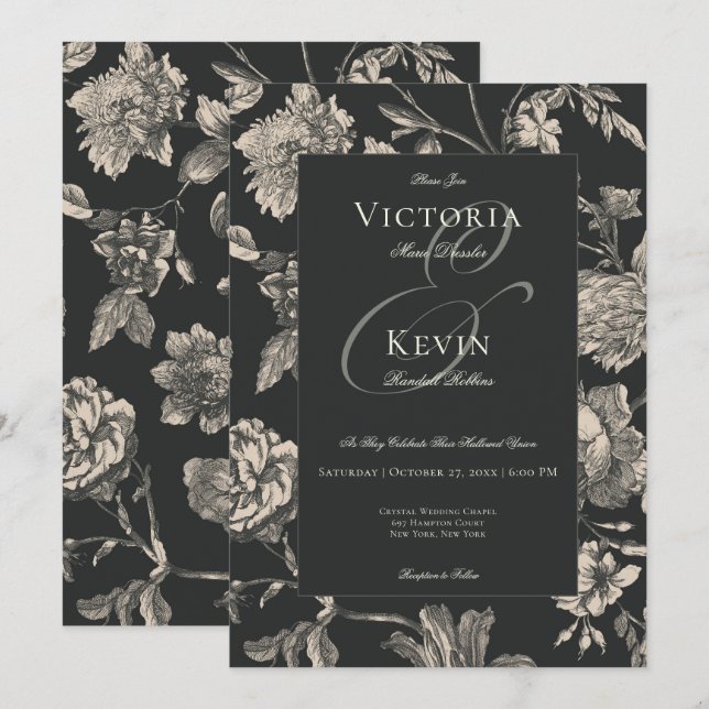 Black & Cream Vintage Toile Floral Wedding Invitation (Front/Back)