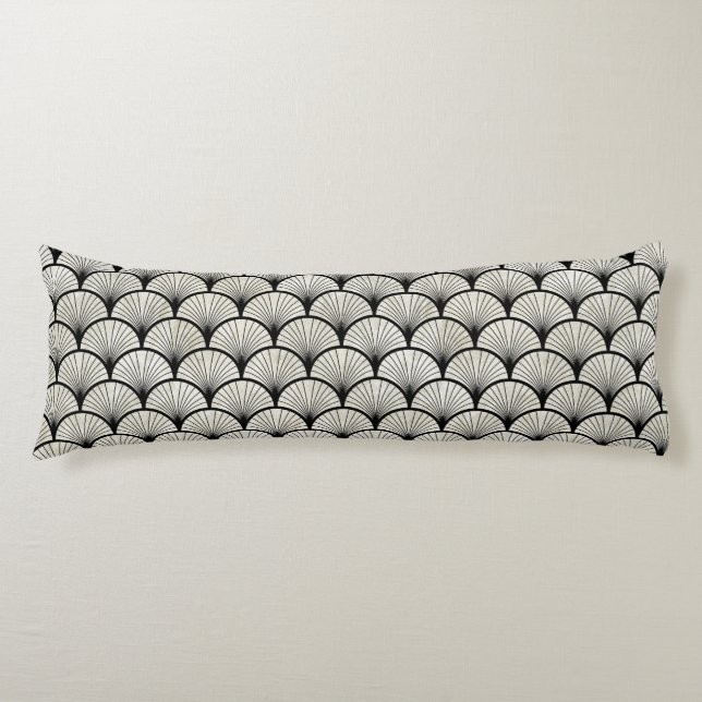 BLACK & CREAM WHITE ART DECO FAN STYLE PATTERN BODY CUSHION (Front)