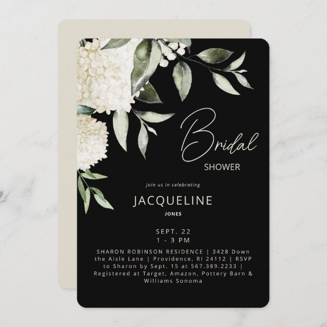 Black & Cream White Hydrangeas Bridal Shower Invitation (Front/Back)