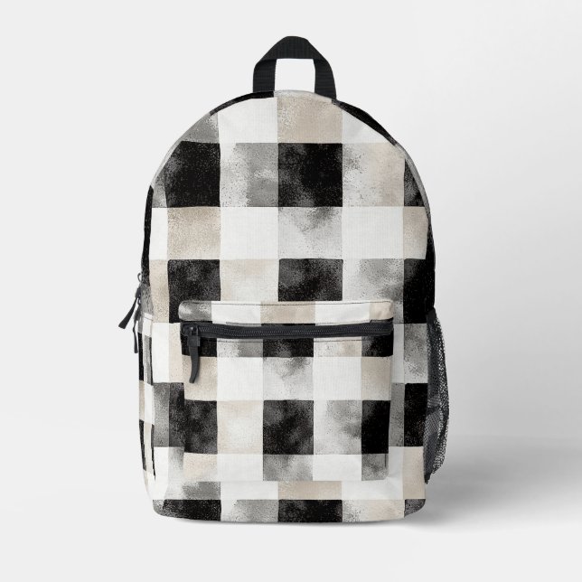 Black Cream White Plaid Stripes Printed Backpack (Front)