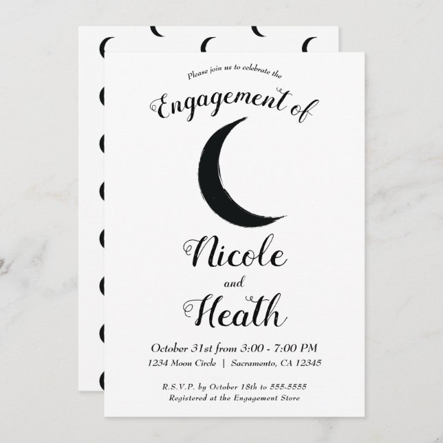 Black Crescent Moon Astrology Zodiac Engagement   Invitation (Front/Back)
