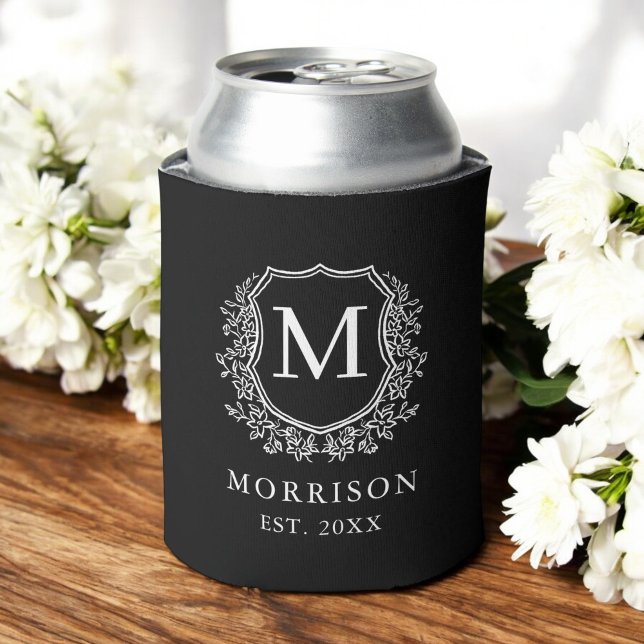 Black Crest Modern Botanical Monogram Wedding  Can Cooler (Creator Uploaded)