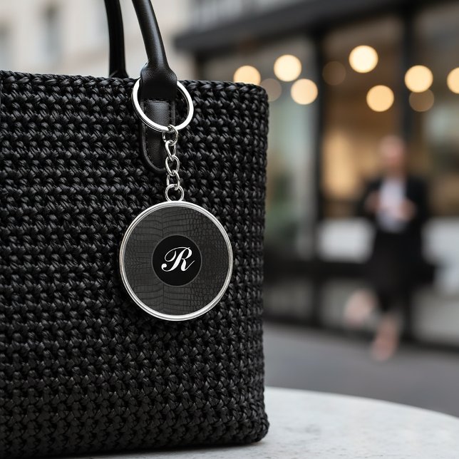 Black Crocodile Leather Print Monogram  Key Ring (Black Crocodile Leather Print Monogram Keychain
)