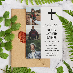 Black Cross 3 Photos White Burial Service Invitation