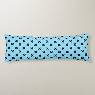 Black cross stitches on baby blue body cushion