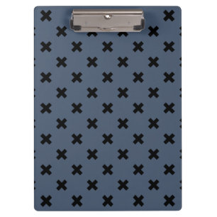 Black cross stitches on blue-grey clipboard
