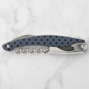 Black cross stitches on blue-grey corkscrew