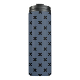 Black cross stitches on blue-grey thermal tumbler