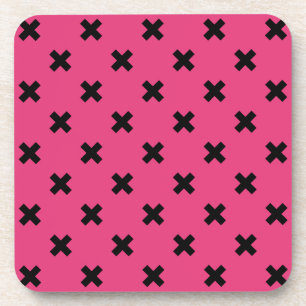 Black cross stitches on fuchsia coaster