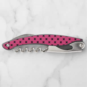Black cross stitches on fuchsia corkscrew