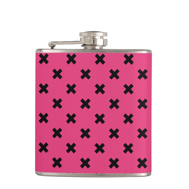 Black cross stitches on fuchsia hip flask (Front)
