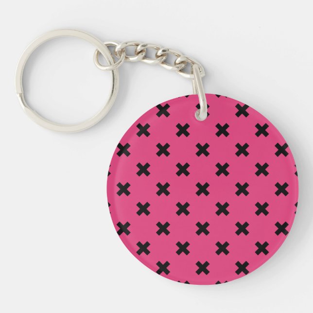 Black cross stitches on fuchsia key ring (Front)