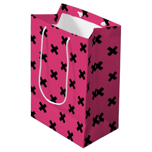 Black cross stitches on fuchsia medium gift bag (Front Angled)