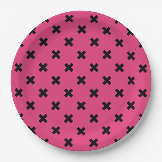 Black cross stitches on fuchsia paper plate (Front)