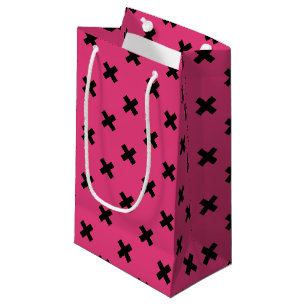 Black cross stitches on fuchsia small gift bag