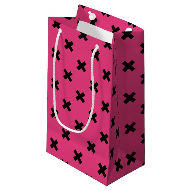 Black cross stitches on fuchsia small gift bag (Front Angled)