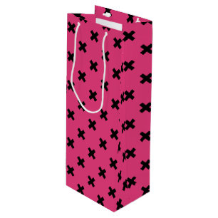 Black cross stitches on fuchsia wine gift bag