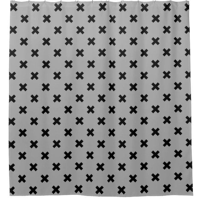 Black cross stitches on grey shower curtain (Front)