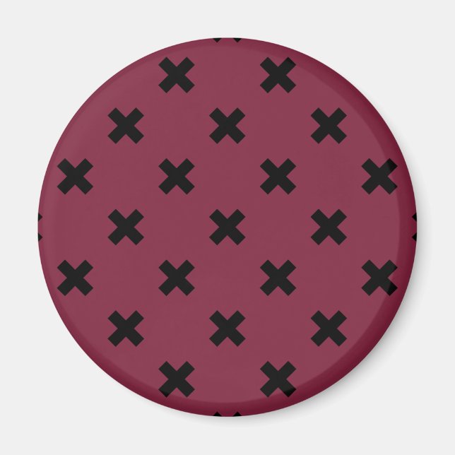 Black cross stitches on mulberry magnet (Front)