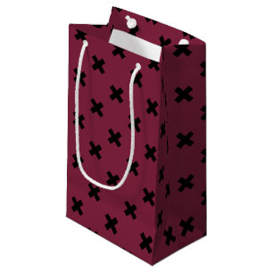 Black cross stitches on mulberry small gift bag