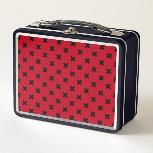 Black cross stitches on red metal lunch box (Front)