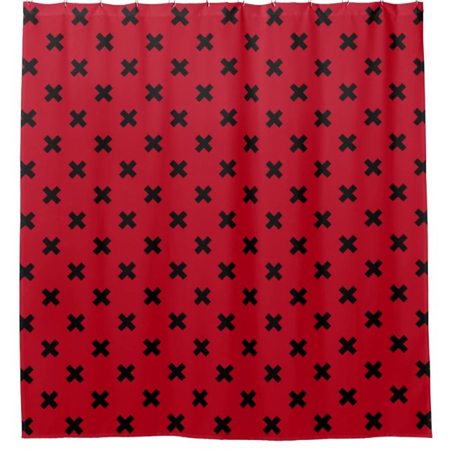 Black cross stitches on red shower curtain (Front)