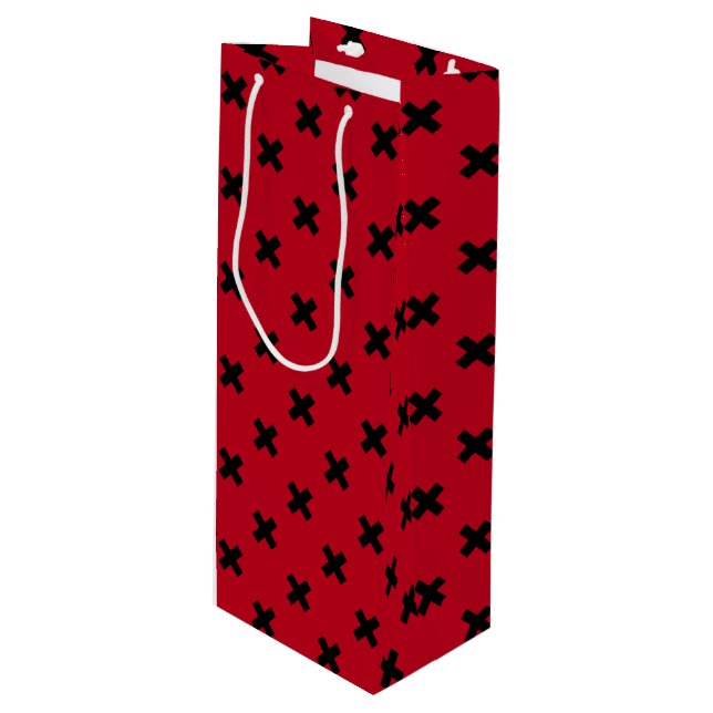 Black cross stitches on red wine gift bag (Front Angled)