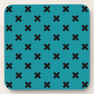 Black cross stitches on teal coaster