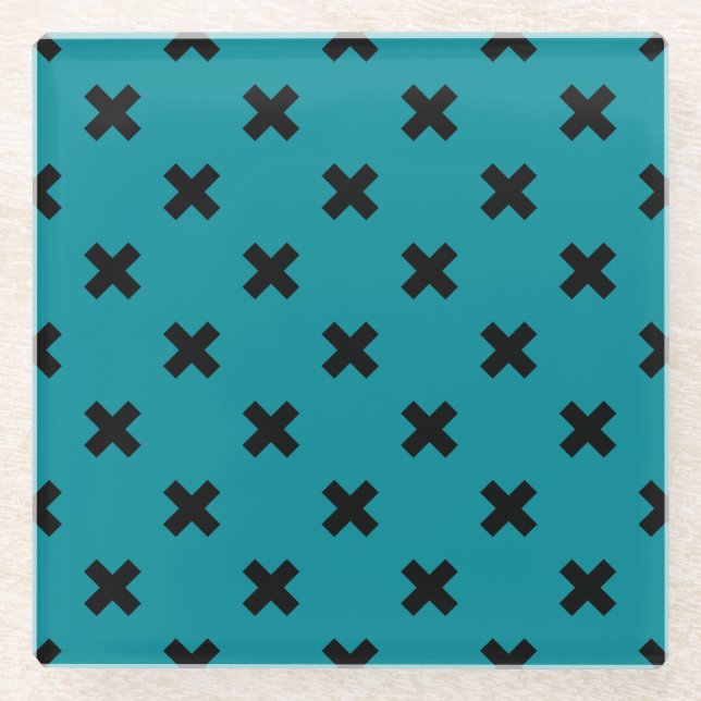 Black cross stitches on teal glass coaster (Front)