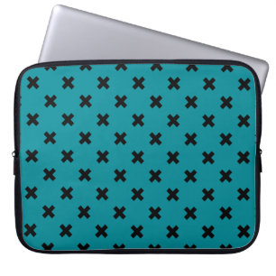 Black cross stitches on teal laptop sleeve