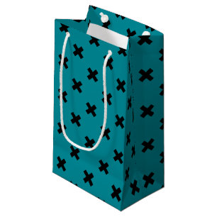 Black cross stitches on teal small gift bag